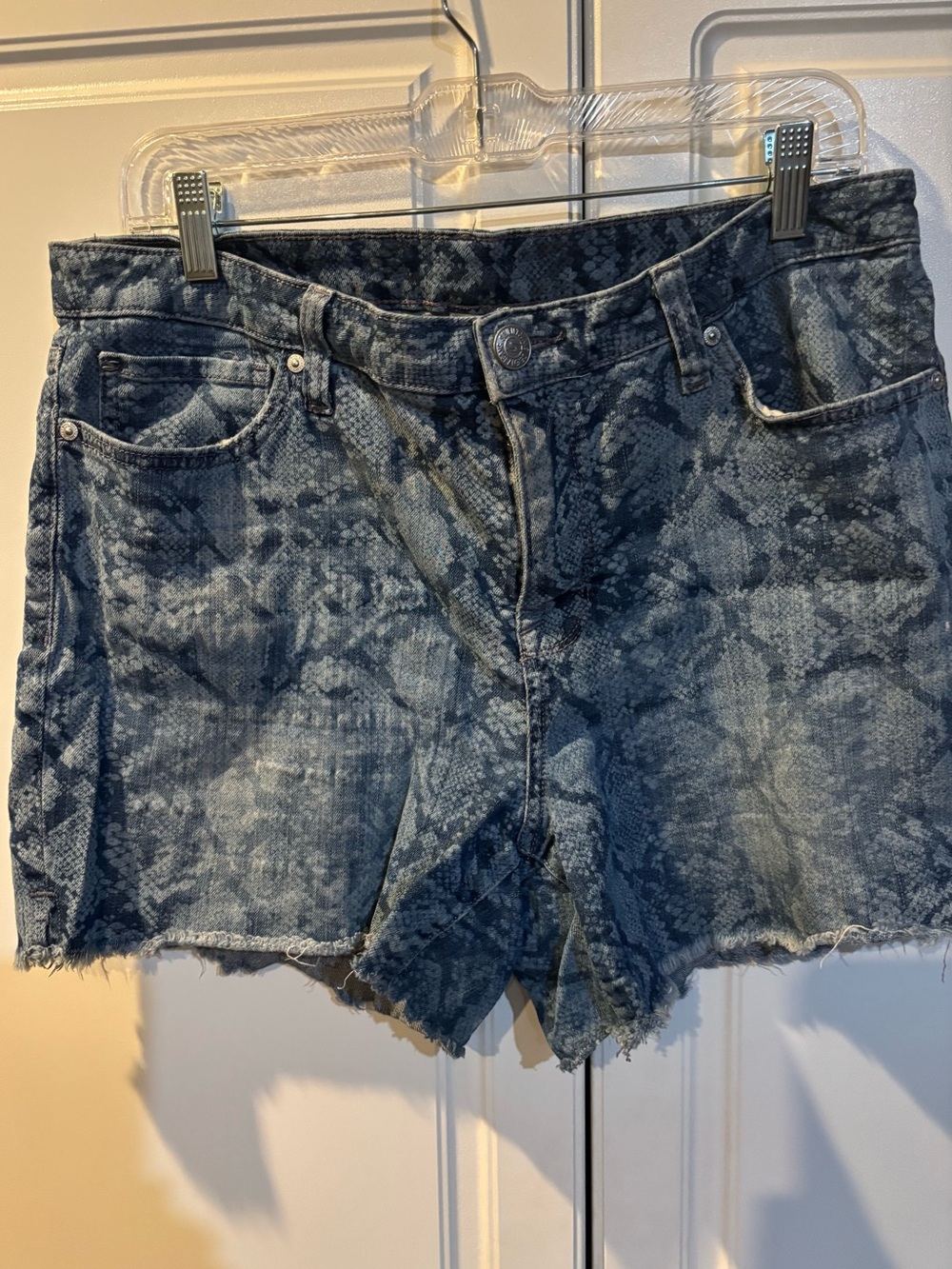 7 For All Mankind Blue Snake-Print Denim Shorts